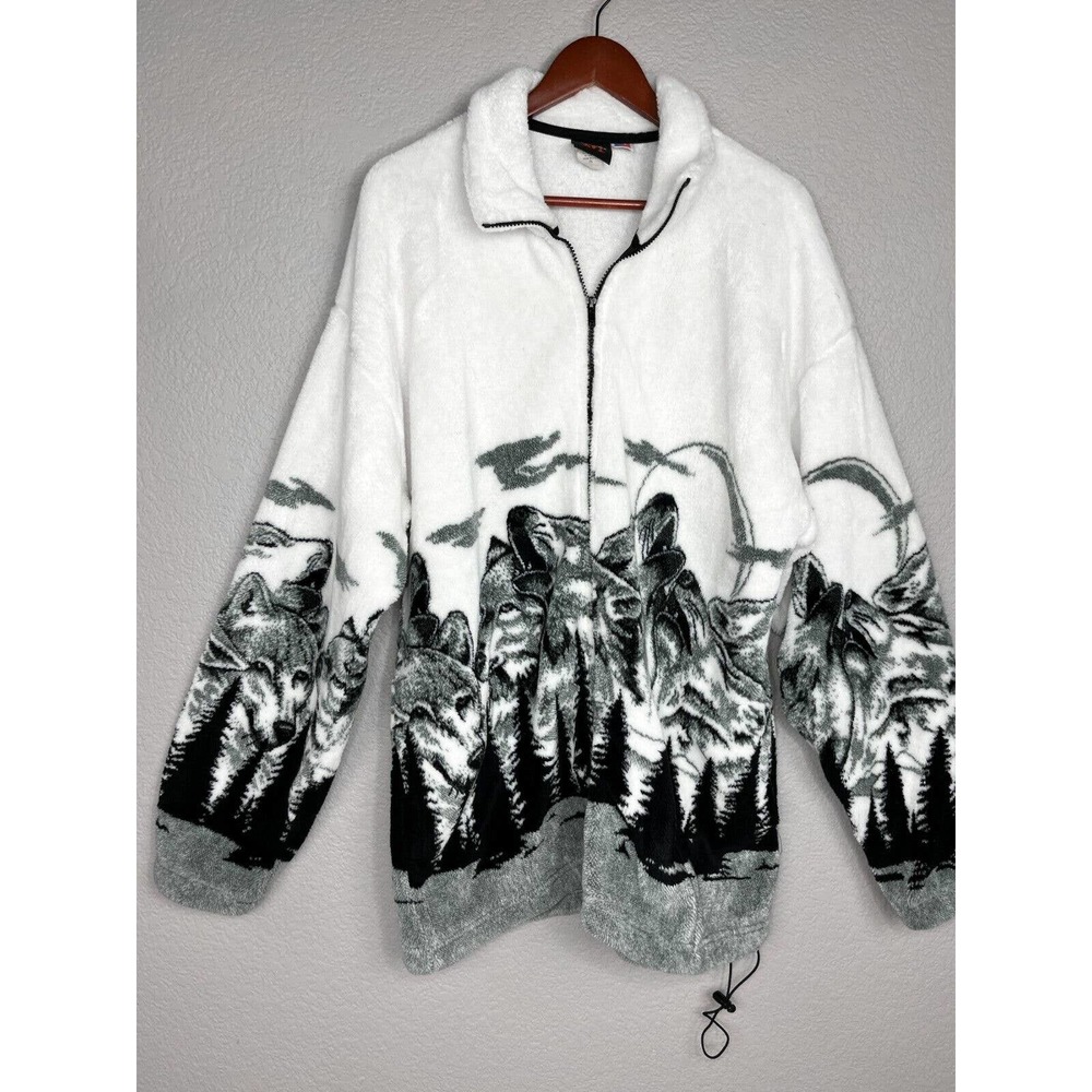 Mazmania Size 2X Fleece Graphic Wolf Jacket White & Black Full Zip Up